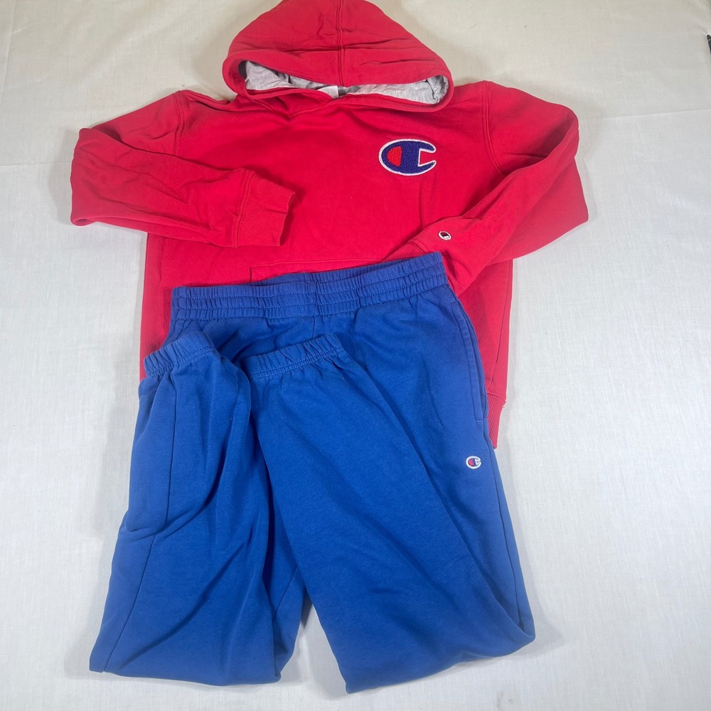 Champion Youth Boys Large 10-12 Hoodie and Sweatpants Set Red Blue Pullover Logo